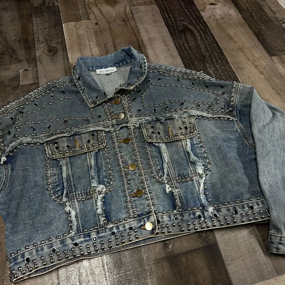 Ma Cherie Denim Jacket Womens Trucker Rhinestone Studded Jacket Size‎ Large